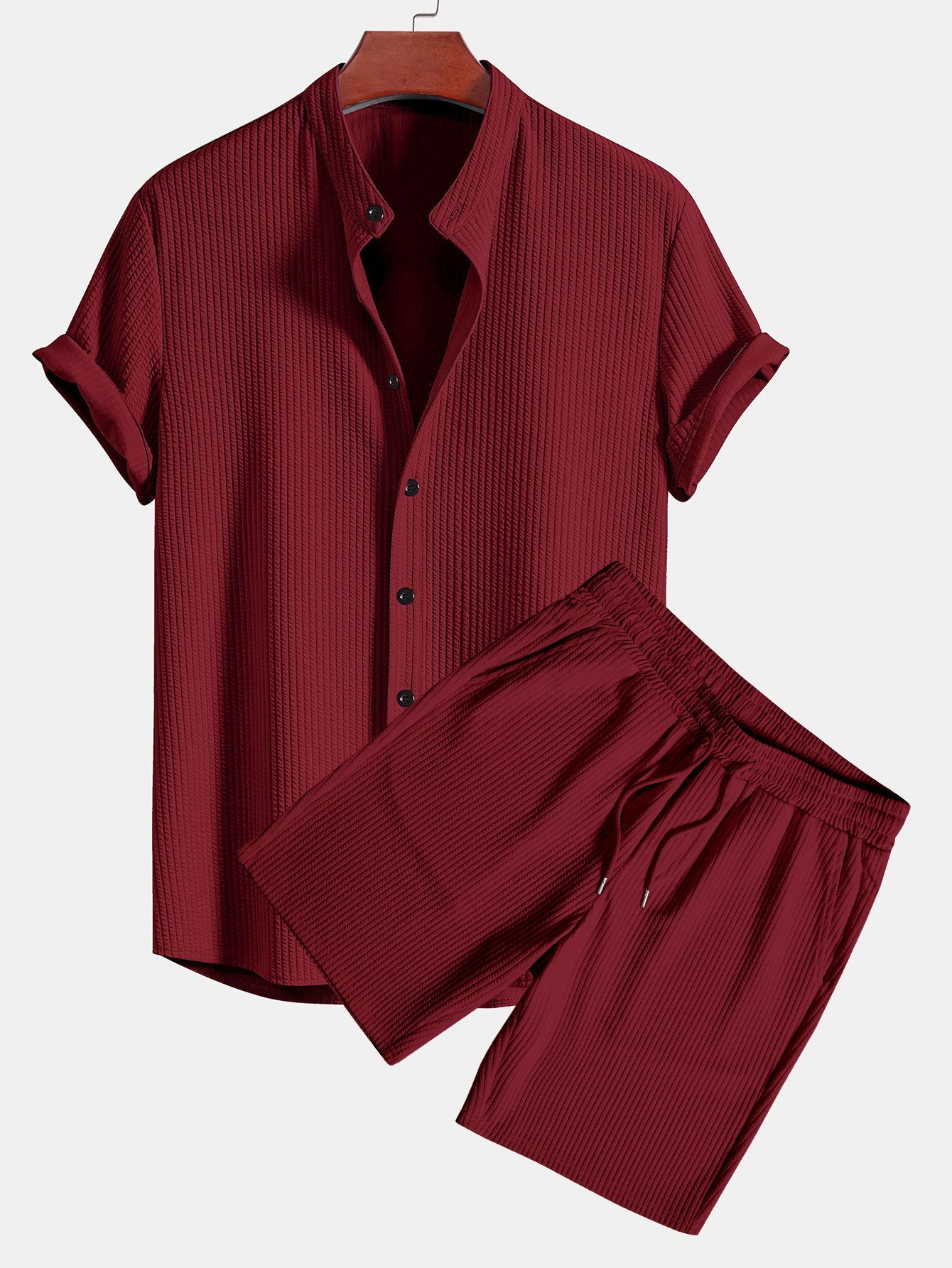 Côtelé coupe ajustée chemise à col montant et short à cordon de serrage deux ensembles