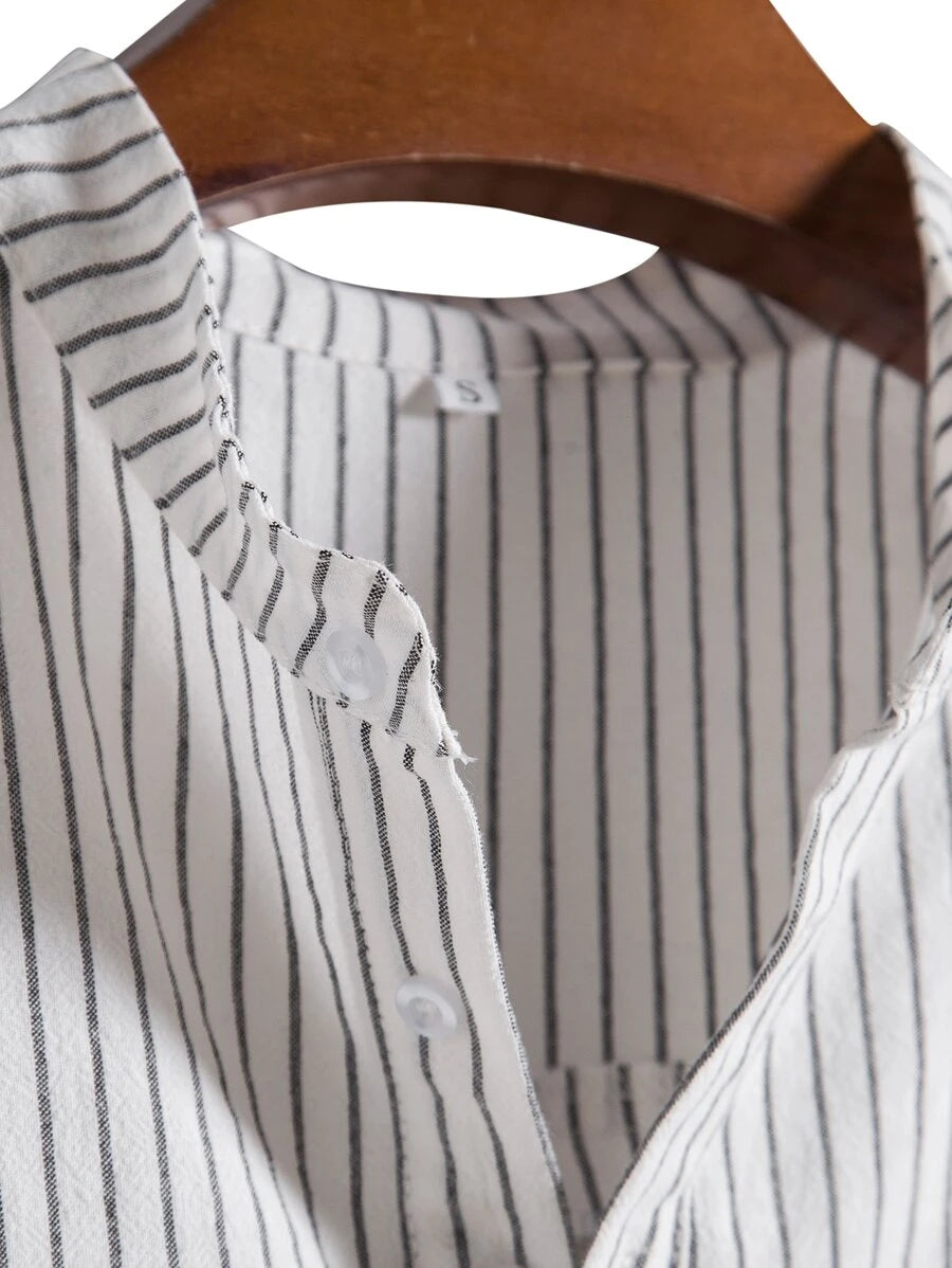Chemise boutonnée à manches courtes et rayures en lin pour homme