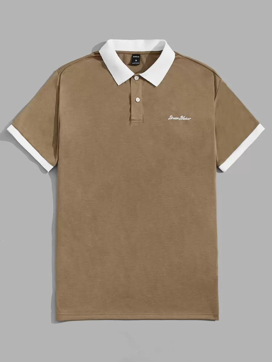 Polo décontracté à manches courtes avec lettres et couleurs contrastées pour homme
