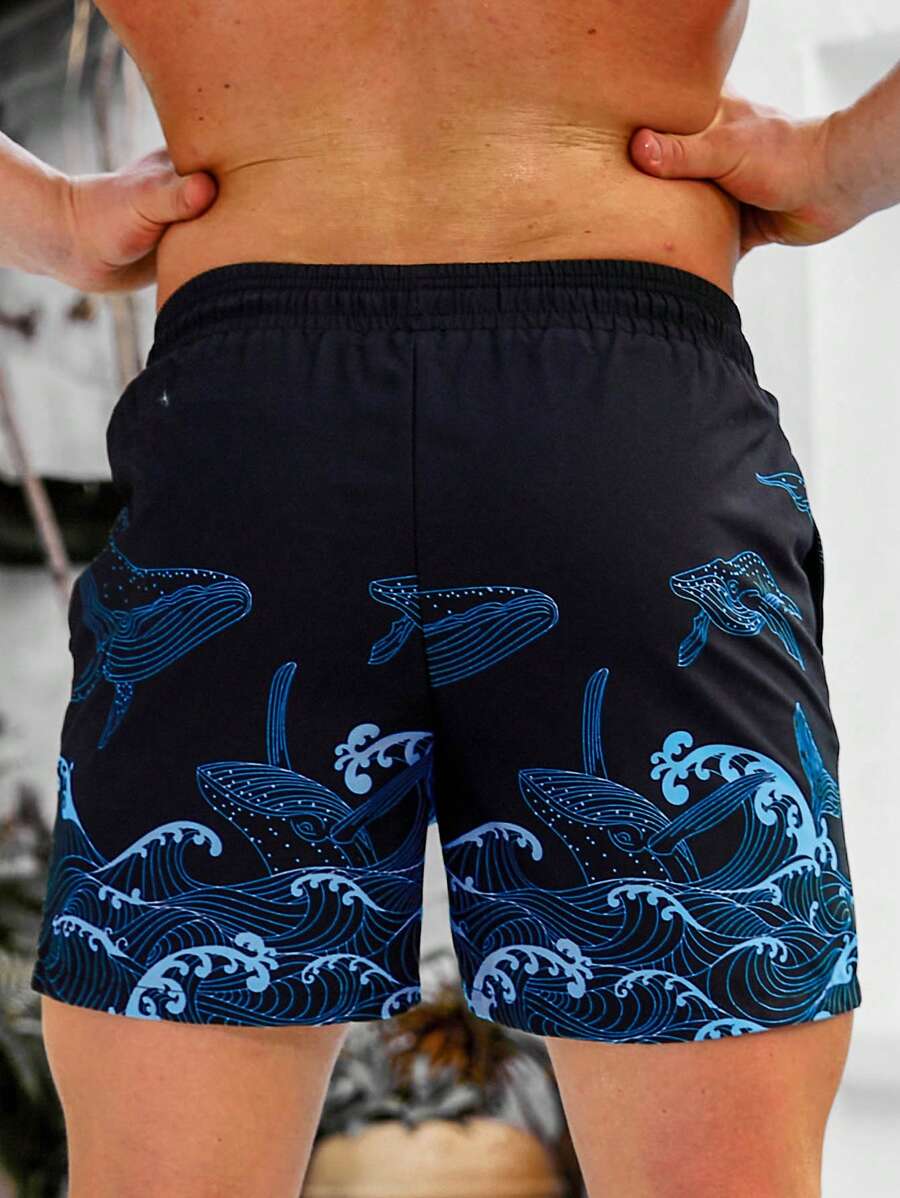 Short court imprimé vagues hawaïennes et baleines pour homme