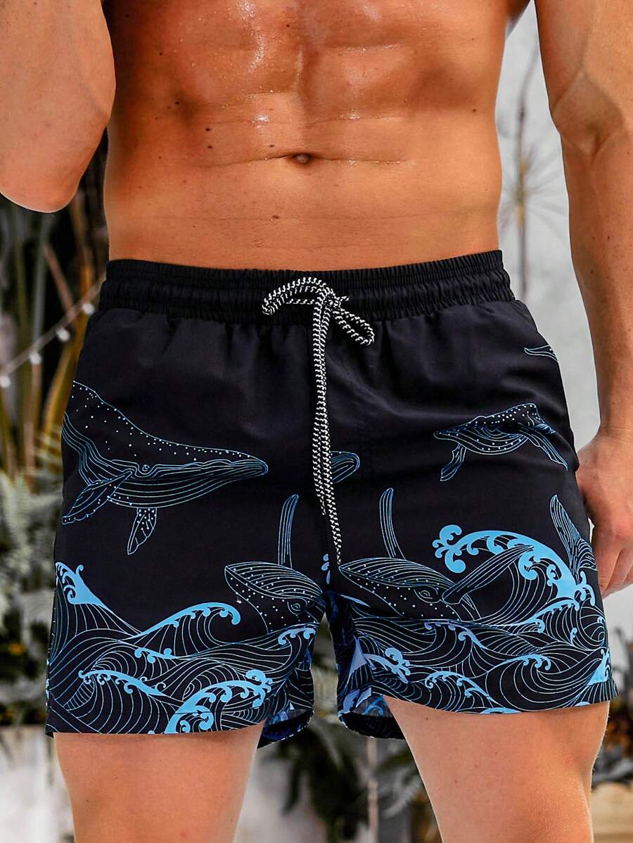 Short court imprimé vagues hawaïennes et baleines pour homme
