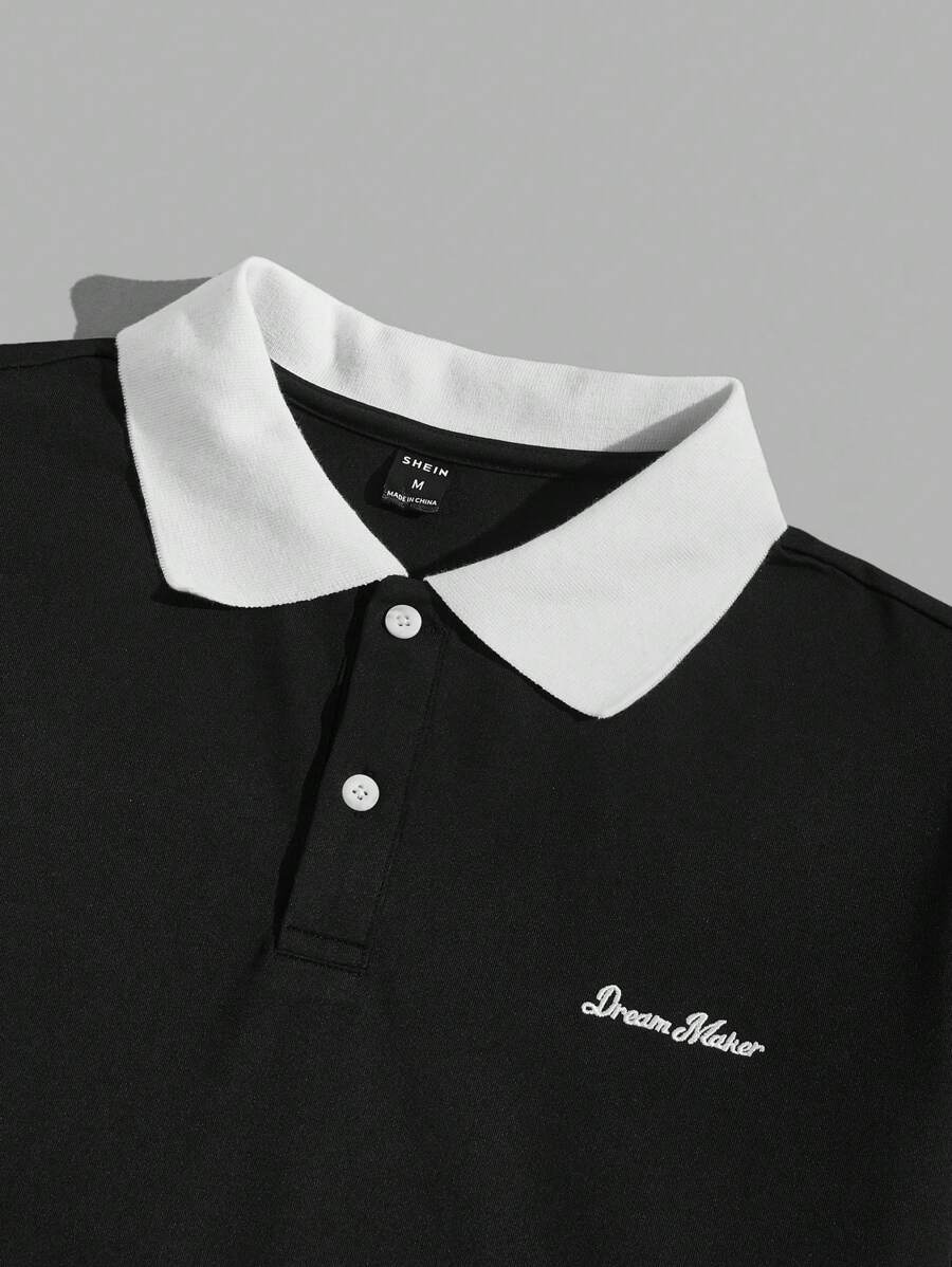 Polo décontracté à manches courtes avec lettres et couleurs contrastées pour homme