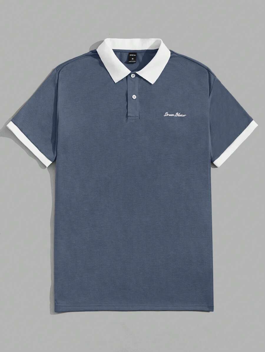 Polo décontracté à manches courtes avec lettres et couleurs contrastées pour homme