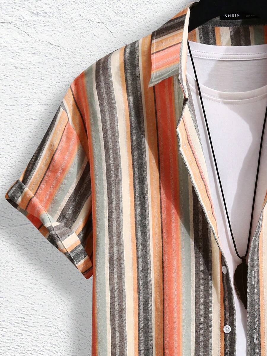 Chemise boutonnée rayée en lin et short à cordon de serrage - Ensemble été homme
