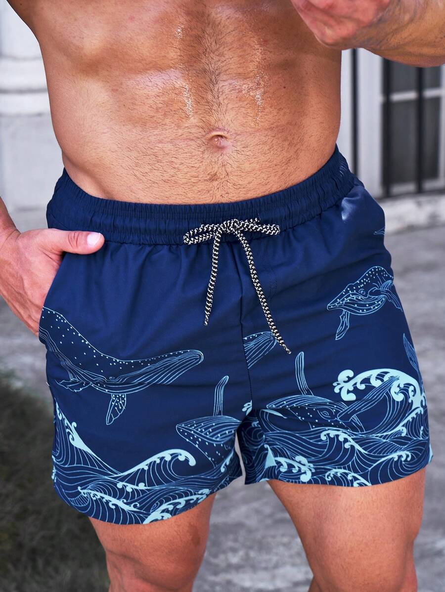 Short court imprimé vagues hawaïennes et baleines pour homme