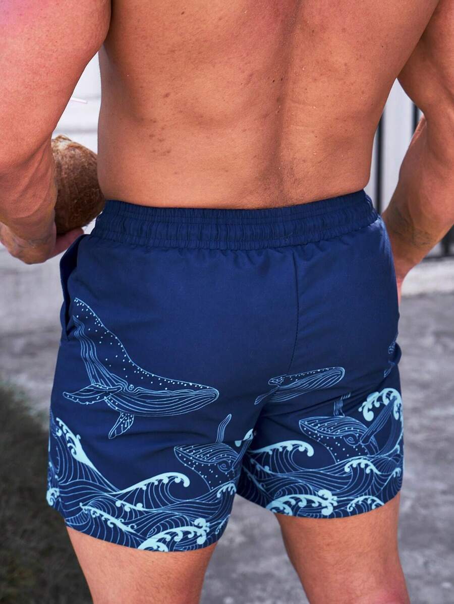 Short court imprimé vagues hawaïennes et baleines pour homme