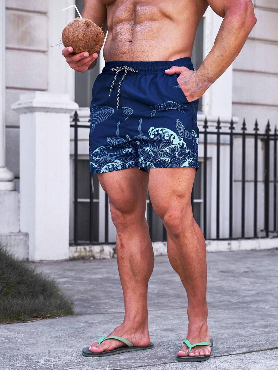 Short court imprimé vagues hawaïennes et baleines pour homme