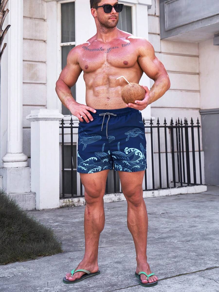 Short court imprimé vagues hawaïennes et baleines pour homme