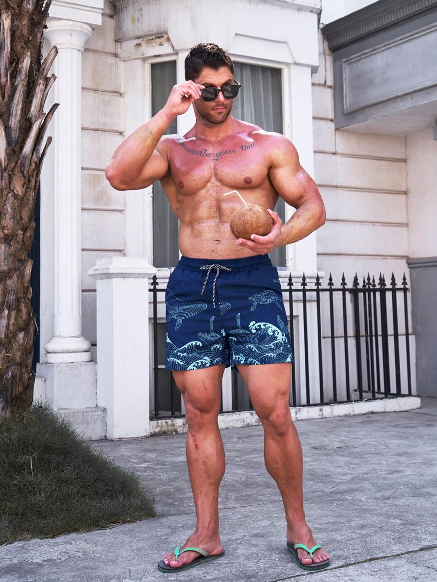 Short court imprimé vagues hawaïennes et baleines pour homme
