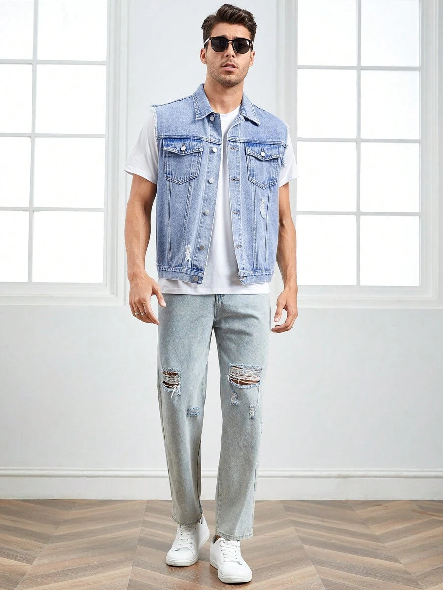 Chemise en jean déchirée et effilochée avec boutons et poche à rabat pour homme