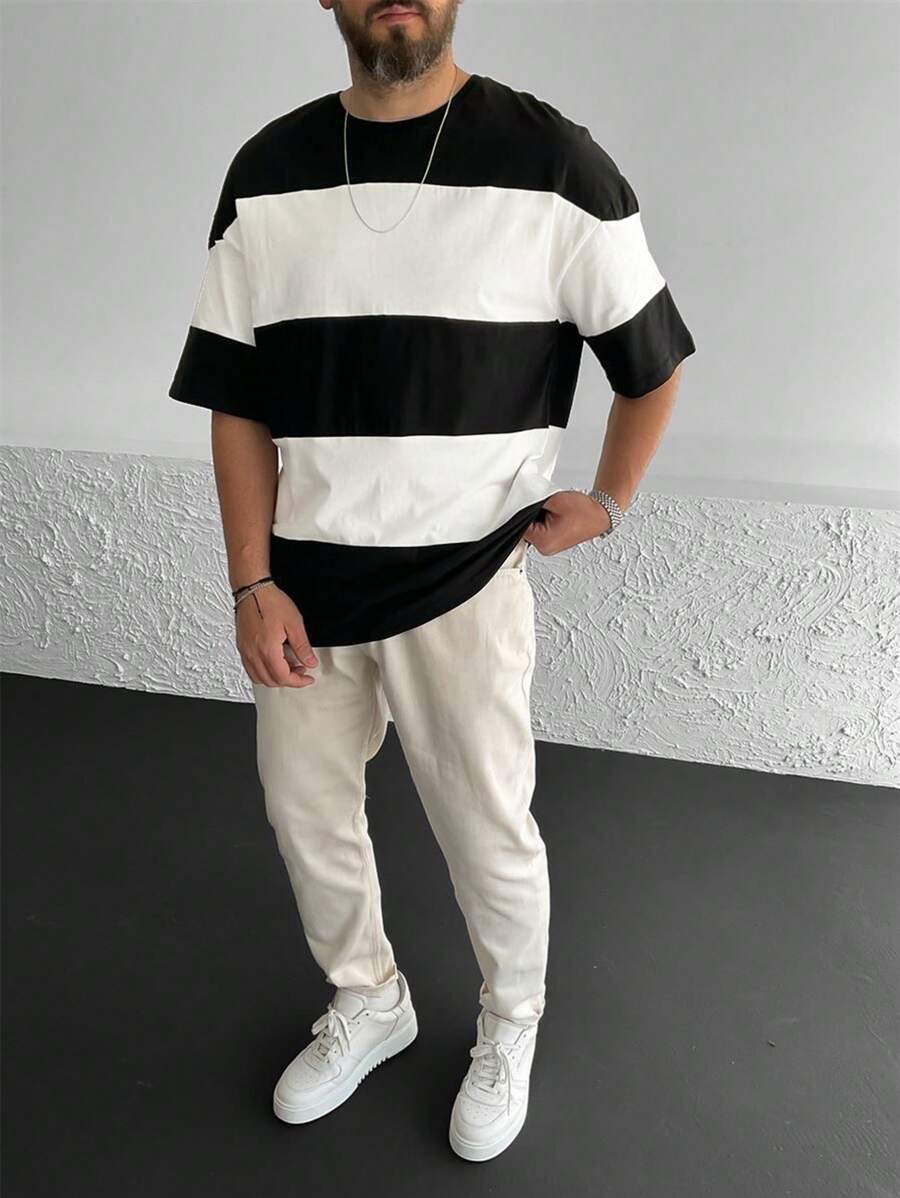 Chemise à col rond manches courtes rayée style casual tendance
