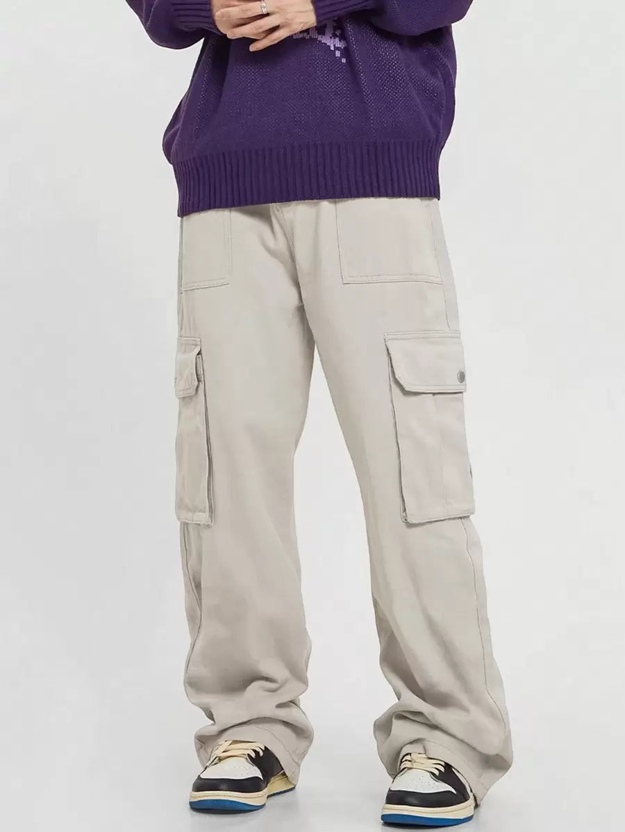 Pantalon cargo décontracté coupe ample avec rabat et poches utilitaires latérales