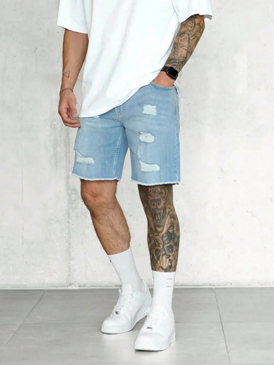 Jorts déchirés à ourlet brut, style streetwear décontracté tendance pour hommes