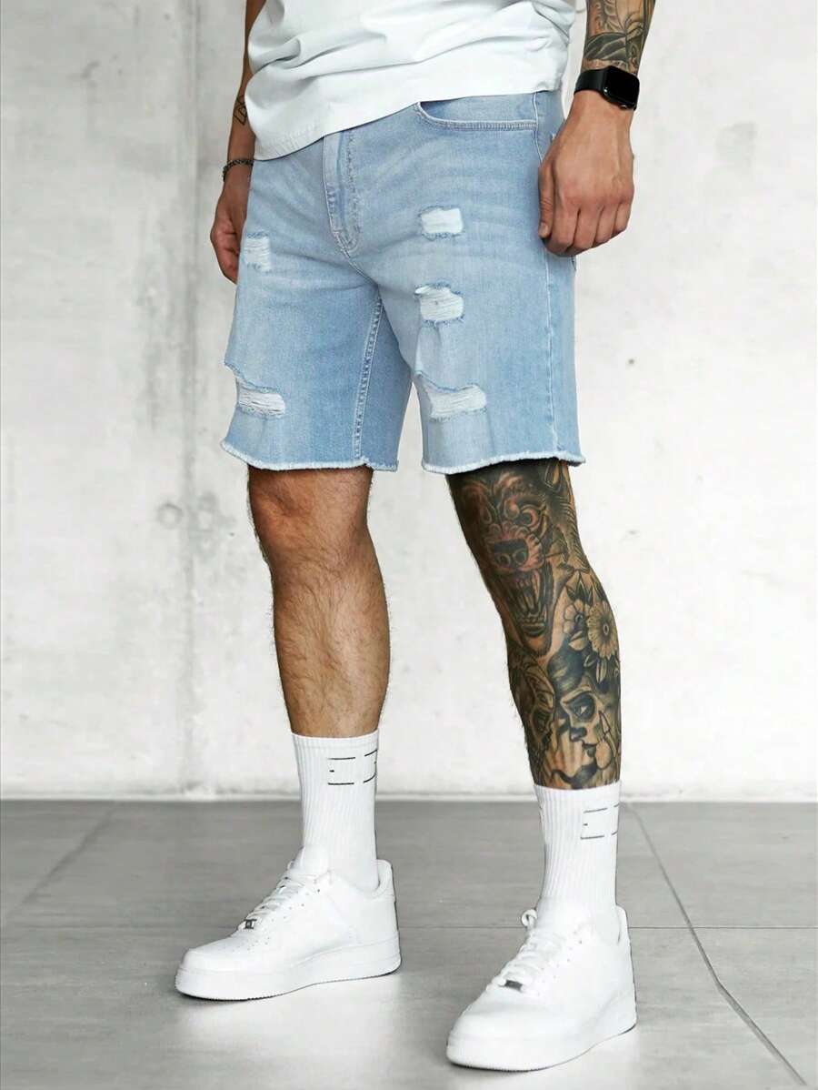 Jorts déchirés à ourlet brut, style streetwear décontracté tendance pour hommes