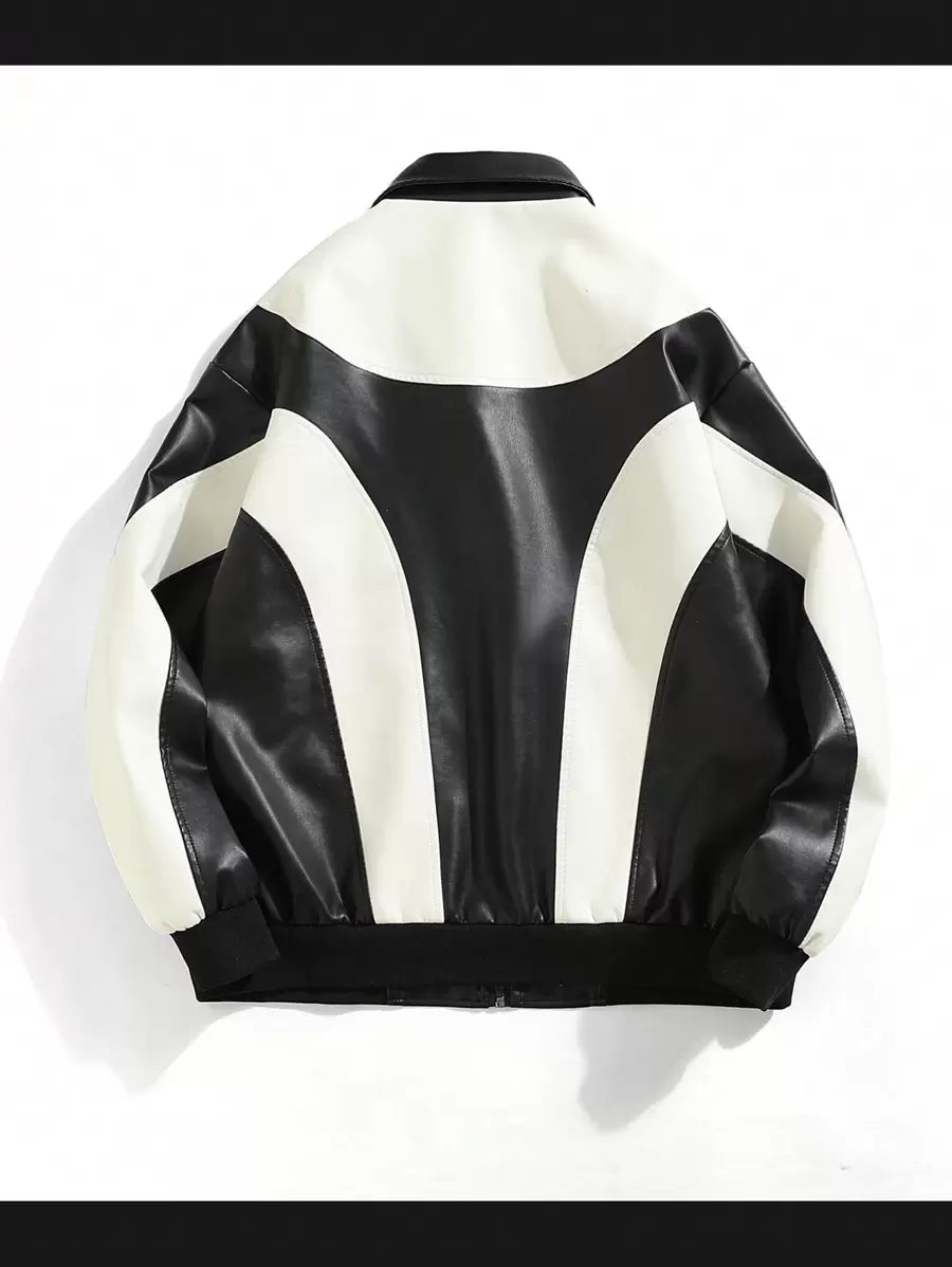 Veste en cuir PU bicolore zippée avec col – Élégante veste pour homme