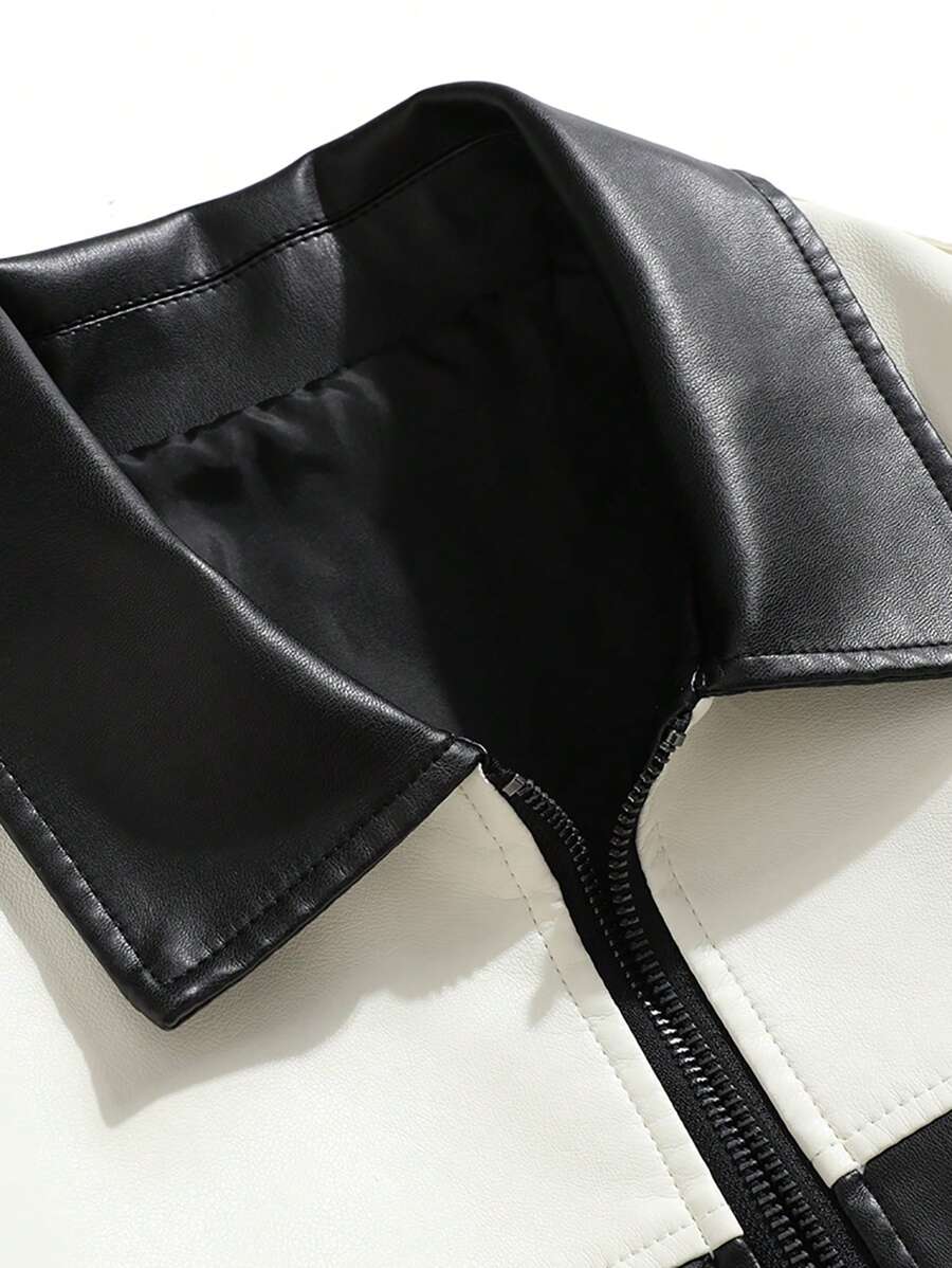 Veste en cuir PU bicolore zippée avec col – Élégante veste pour homme