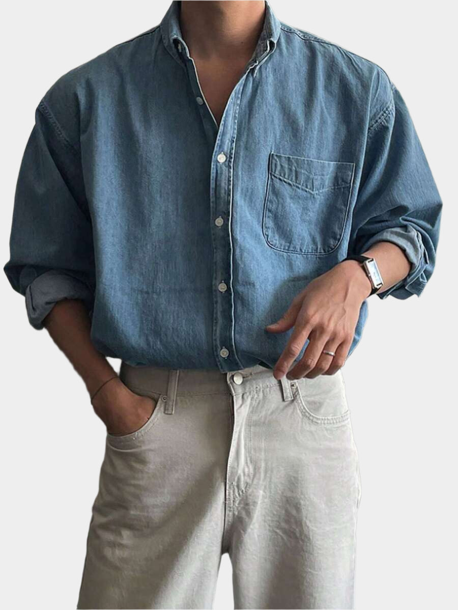 Chemise en jean boutonnée coupe classique avec poche plaquée pour homme