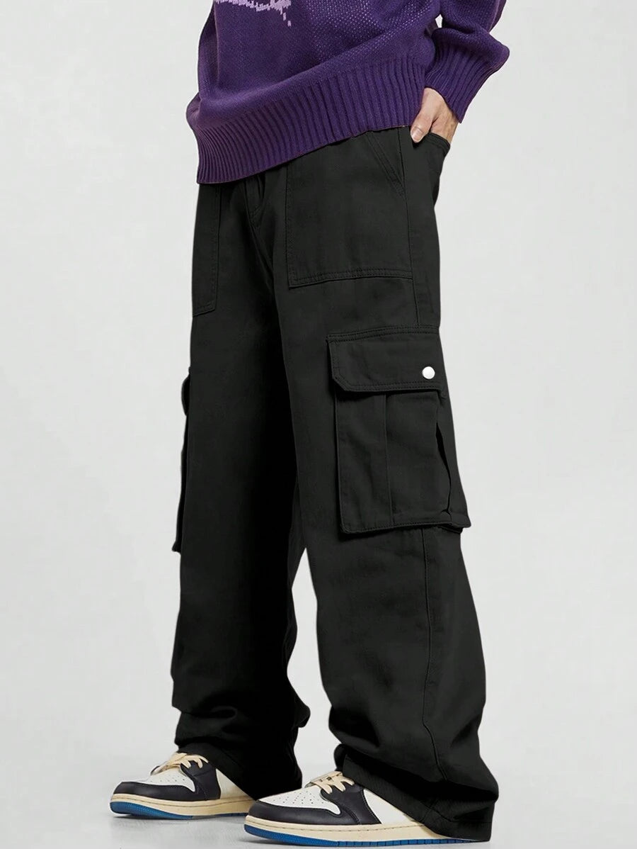 Pantalon cargo décontracté coupe ample avec rabat et poches utilitaires latérales