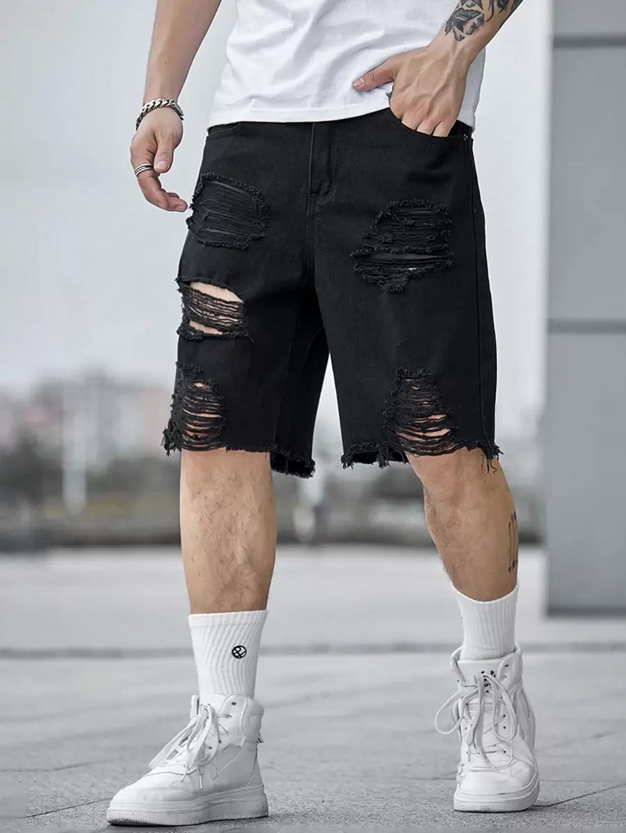 Jorts déchiré décontracté d'été de couleur unie pour hommes