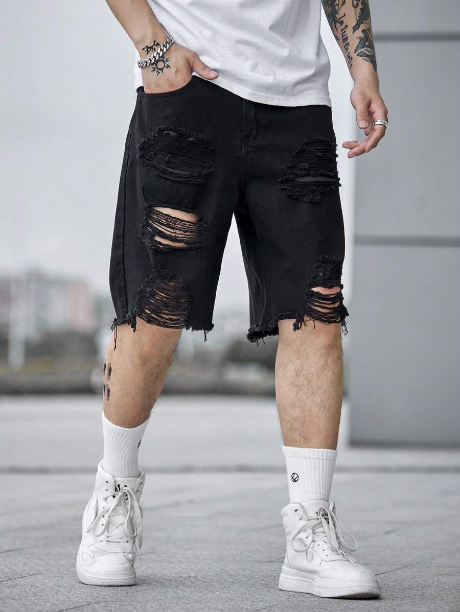 Jorts déchiré décontracté d'été de couleur unie pour hommes