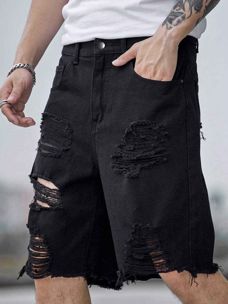 Jorts déchiré décontracté d'été de couleur unie pour hommes