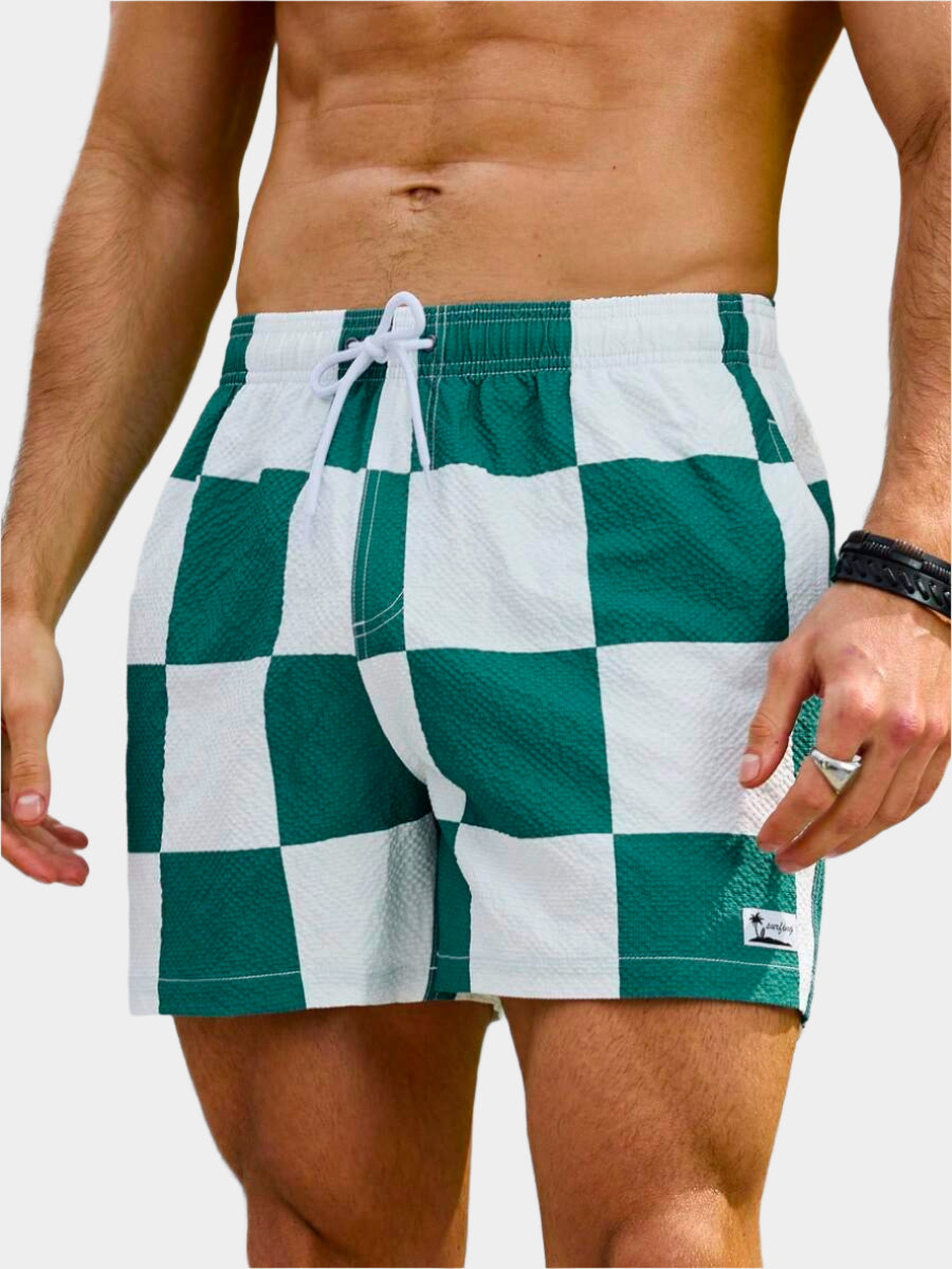 Short court imprimé damier avec cordon de serrage et taille élastique