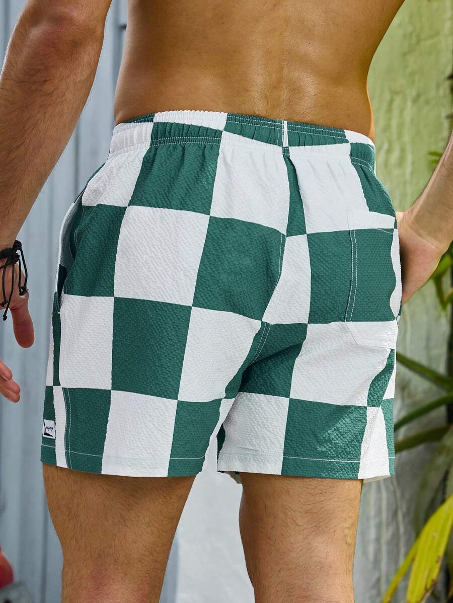 Short court imprimé damier avec cordon de serrage et taille élastique