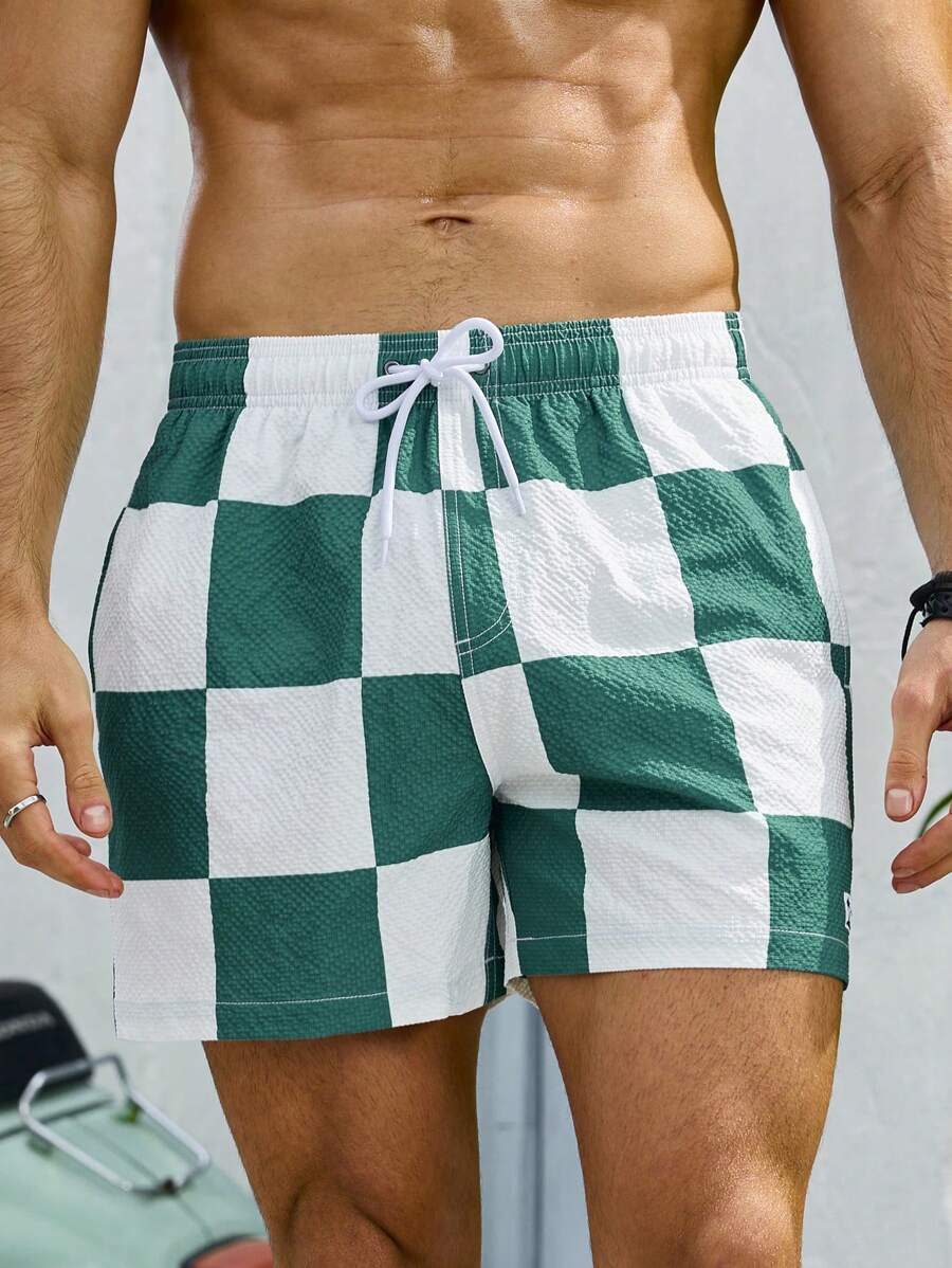 Short court imprimé damier avec cordon de serrage et taille élastique