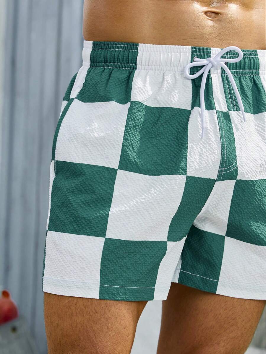 Short court imprimé damier avec cordon de serrage et taille élastique
