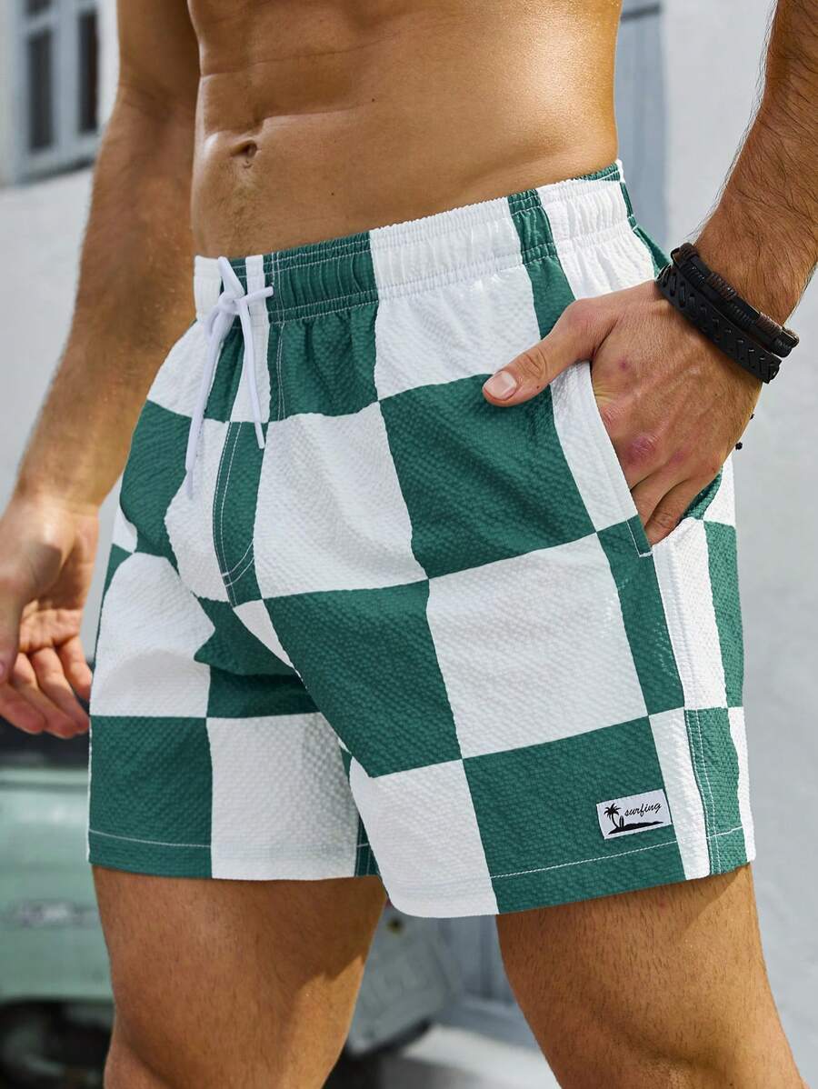 Short court imprimé damier avec cordon de serrage et taille élastique