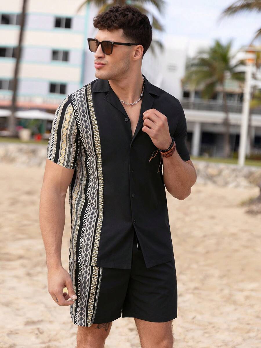 Imprime géométrique deux ensembles, chemise et short pour hommes
