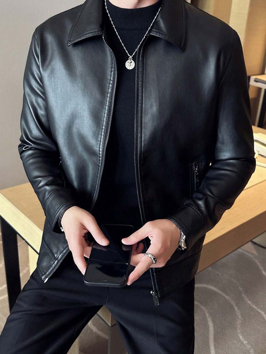 Veste de élégante en cuir synthétique pour homme – Fermeture éclair centrale