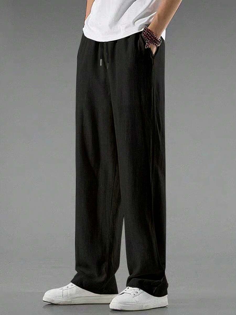Pantalon de lin avec cordon de serrage pour homme – Pantalon ample coupe droite