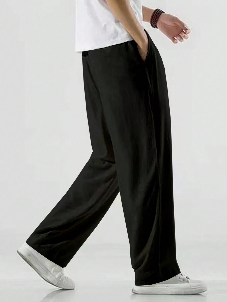 Pantalon de lin avec cordon de serrage pour homme – Pantalon ample coupe droite