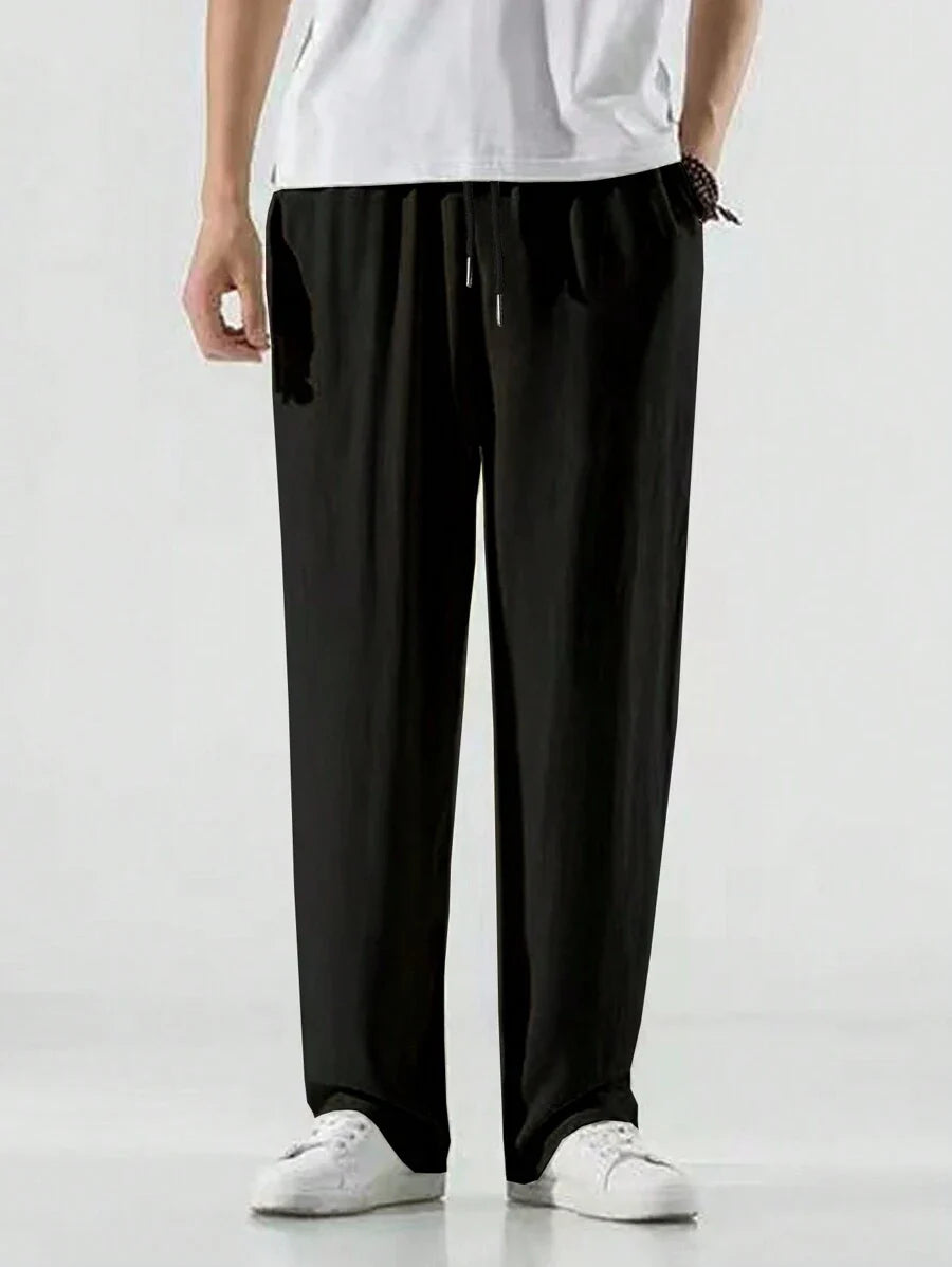 Pantalon ample de lin avec cordon de serrage pour homme – Coupe droite décontractée