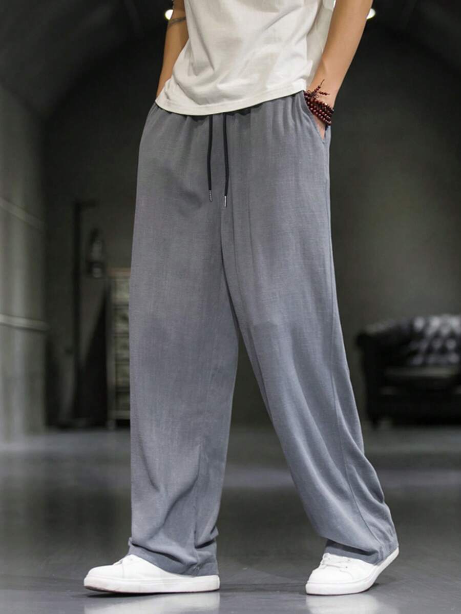 Pantalon de lin avec cordon de serrage pour homme – Pantalon ample coupe droite