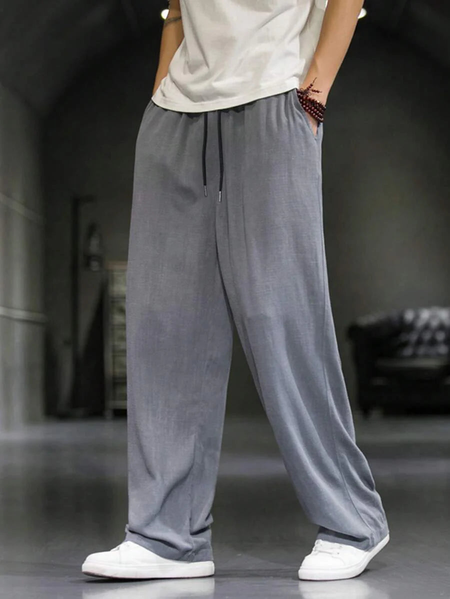 Pantalon ample de lin avec cordon de serrage pour homme – Coupe droite décontractée