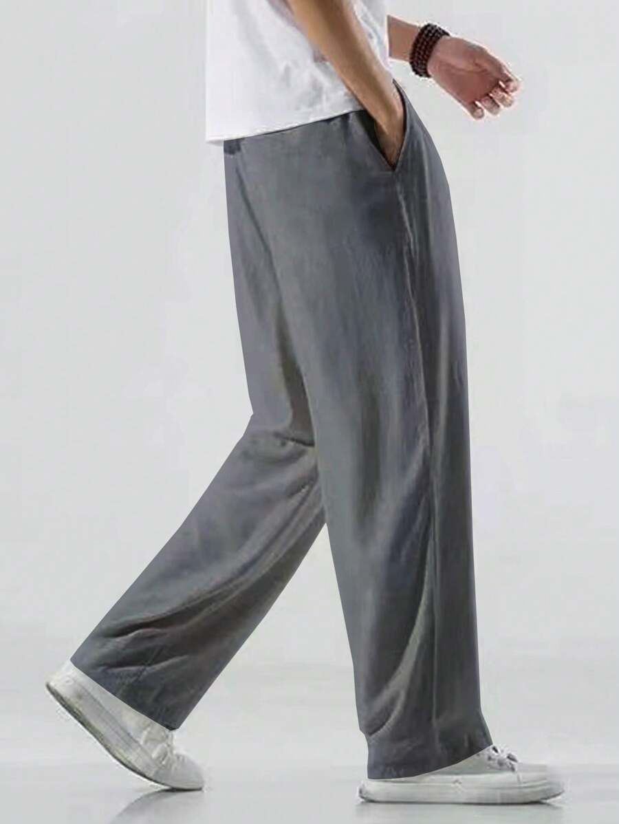 Pantalon de lin avec cordon de serrage pour homme – Pantalon ample coupe droite