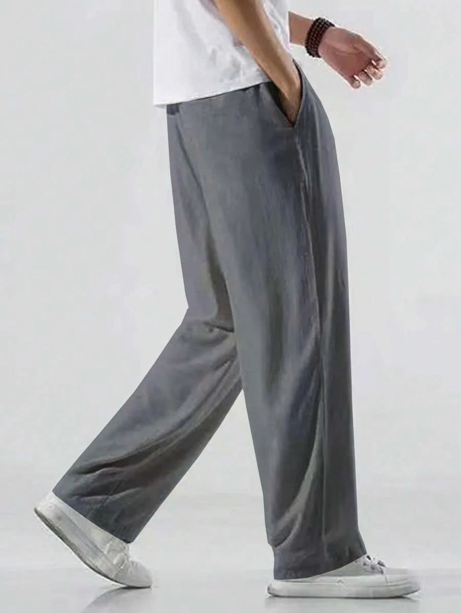 Pantalon ample de lin avec cordon de serrage pour homme – Coupe droite décontractée