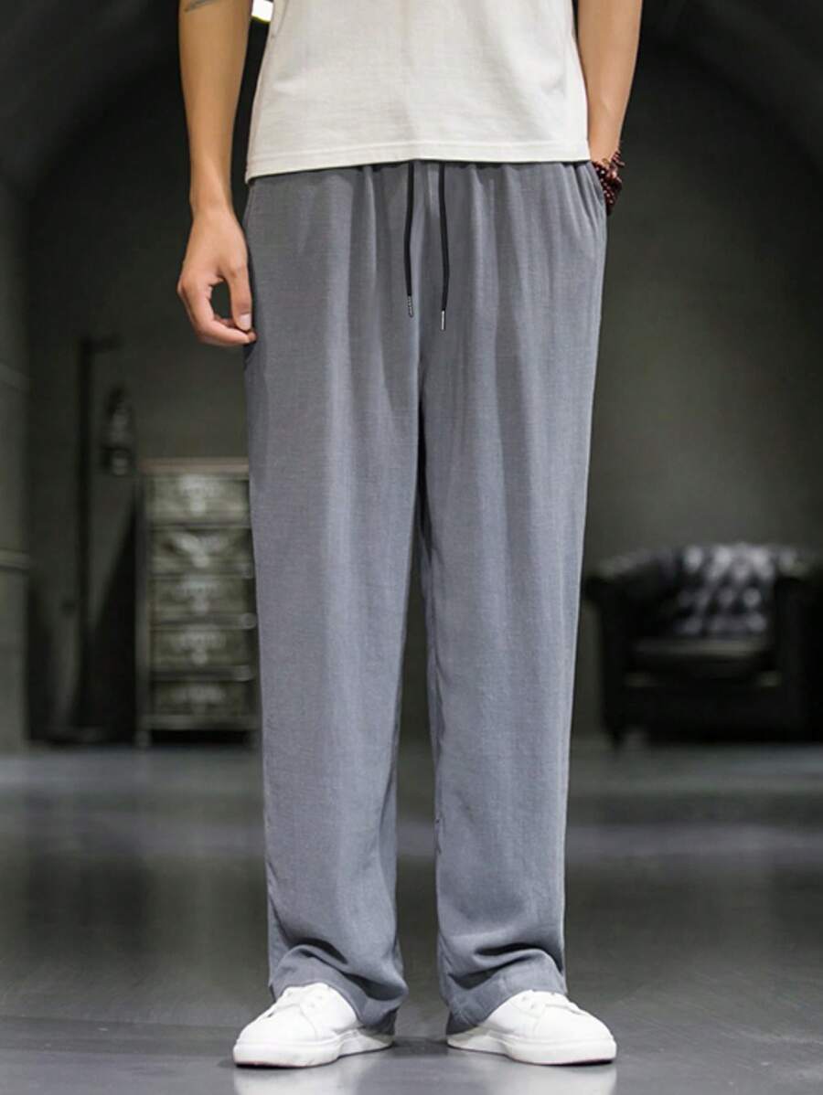 Pantalon de lin avec cordon de serrage pour homme – Pantalon ample coupe droite