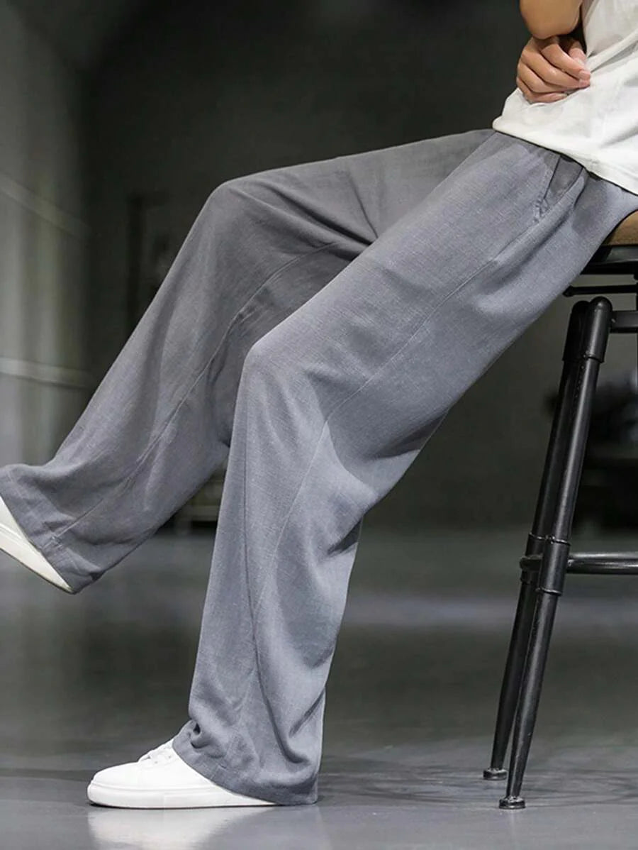 Pantalon ample de lin avec cordon de serrage pour homme – Coupe droite décontractée