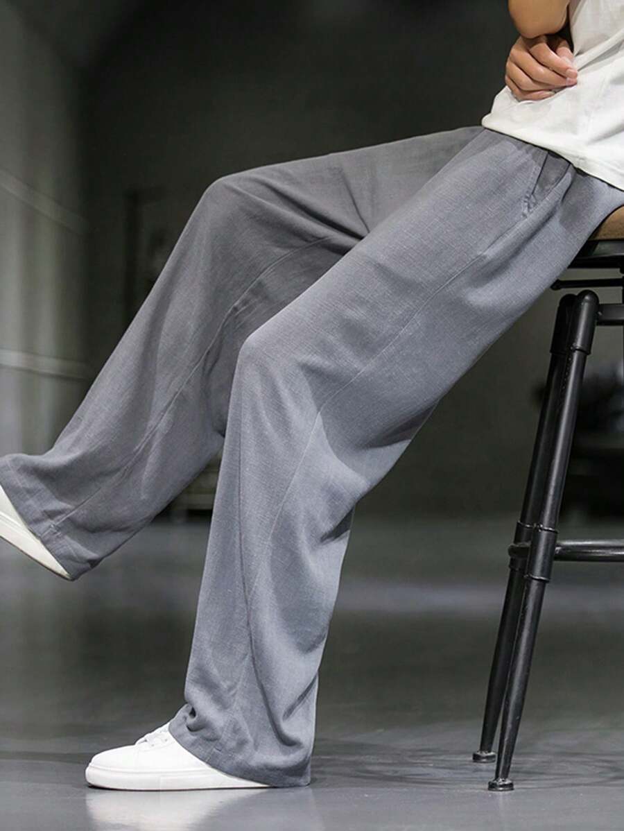 Pantalon de lin avec cordon de serrage pour homme – Pantalon ample coupe droite