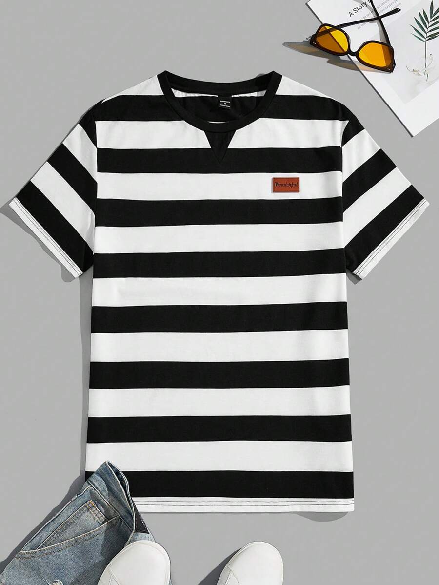 Chemise à col rond rayée à manches courtes style casual tendance