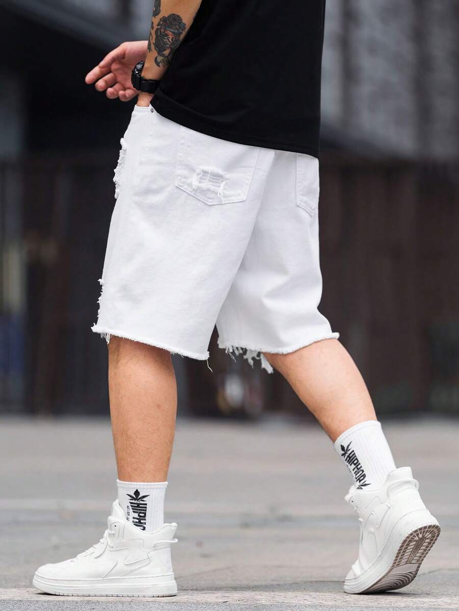 Jorts déchiré décontracté d'été de couleur unie pour hommes