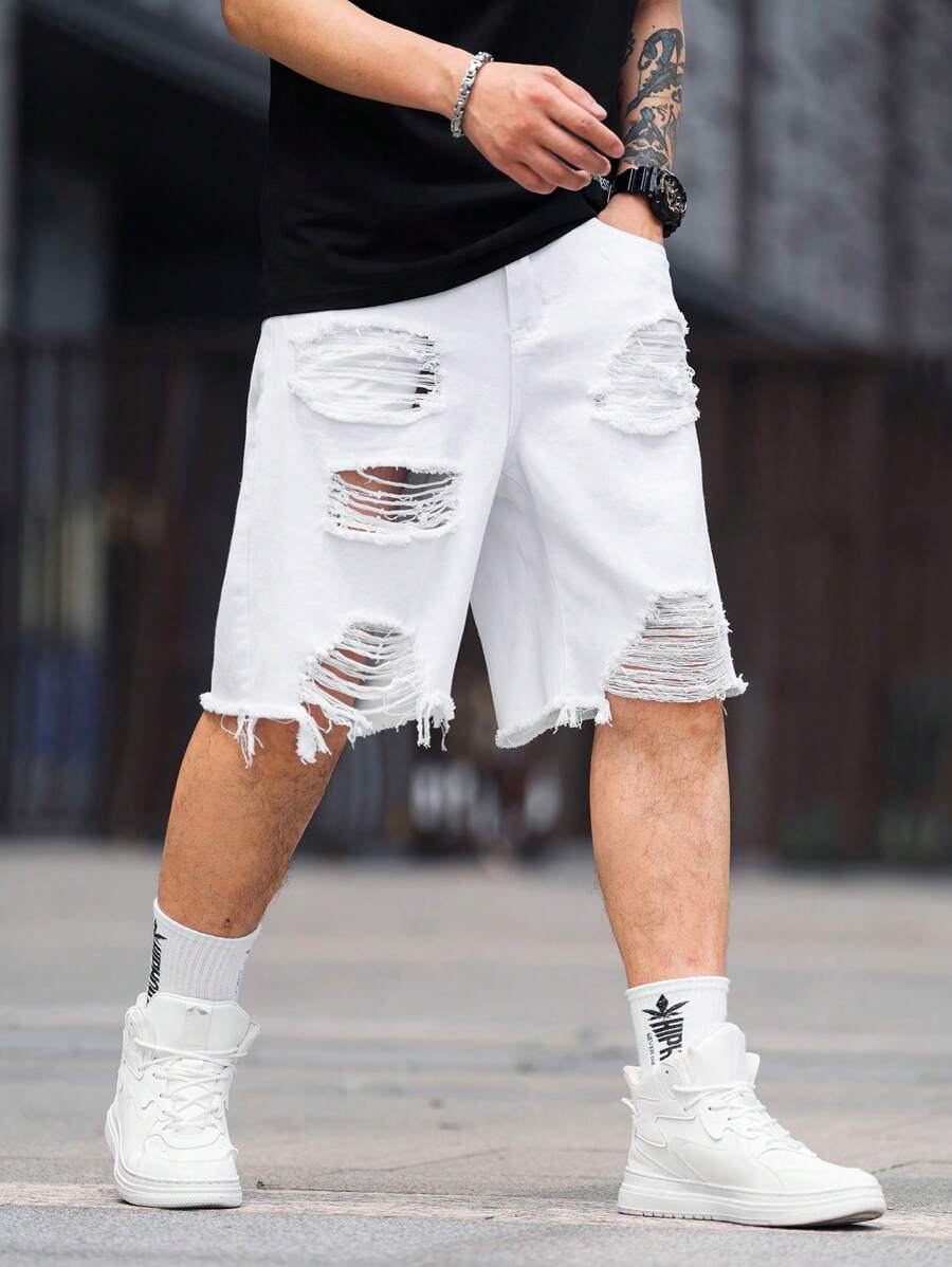 Jorts déchiré décontracté d'été de couleur unie pour hommes