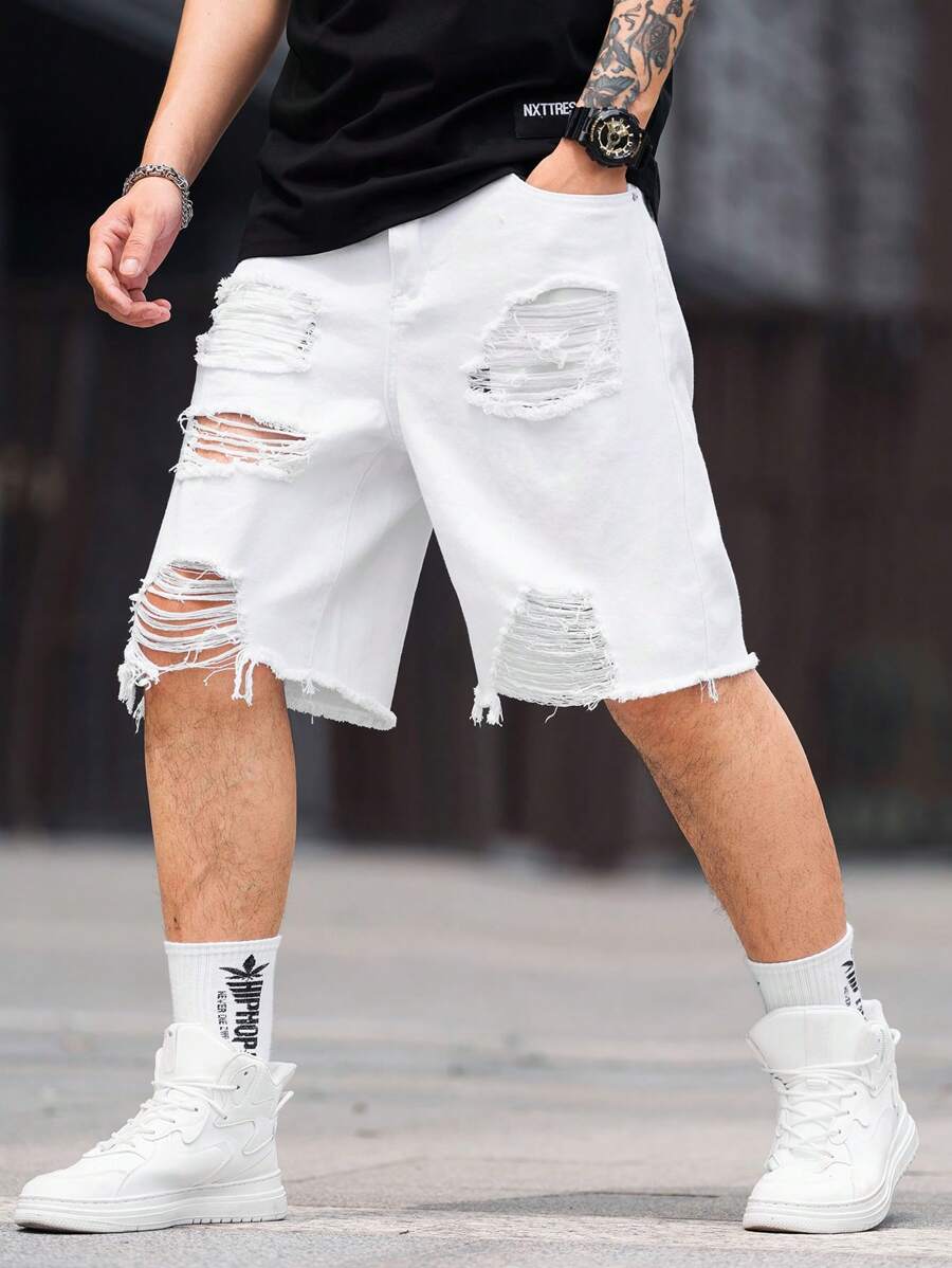 Jorts déchiré décontracté d'été de couleur unie pour hommes