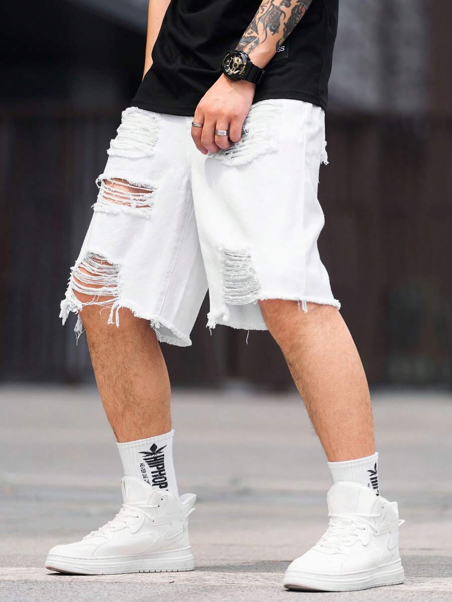Jorts déchiré décontracté d'été de couleur unie pour hommes