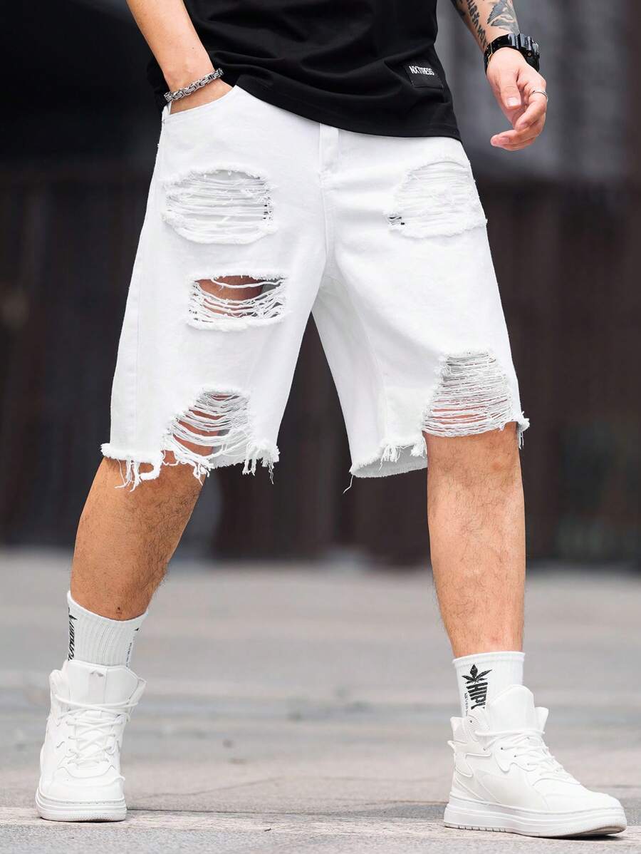 Jorts déchiré décontracté d'été de couleur unie pour hommes