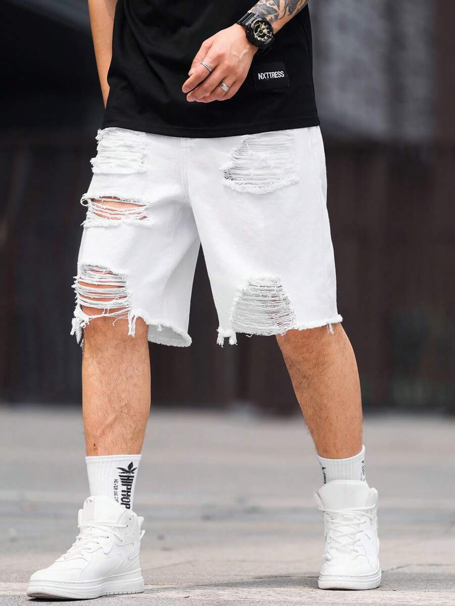 Jorts déchiré décontracté d'été de couleur unie pour hommes
