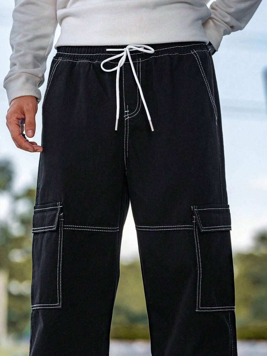 Pantalon cargo coupe ample avec cordon de serrage à la taille pour homme